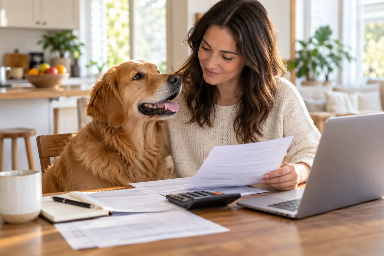 Owner reading papers with a golden-colored dog beside her