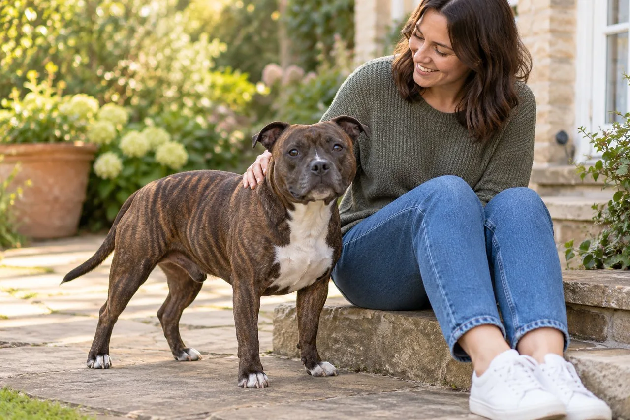 Owner seated beside a brindle dog in a garden
